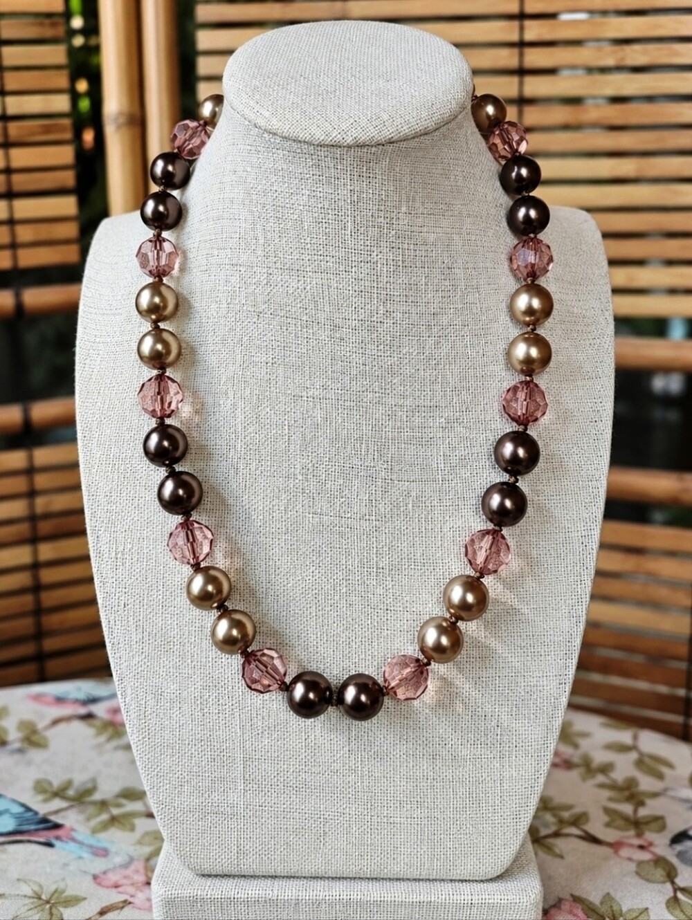 Faux Chocolate Champagne Pearl and Plastic Pink Bead Necklace RMN Roman Vintage